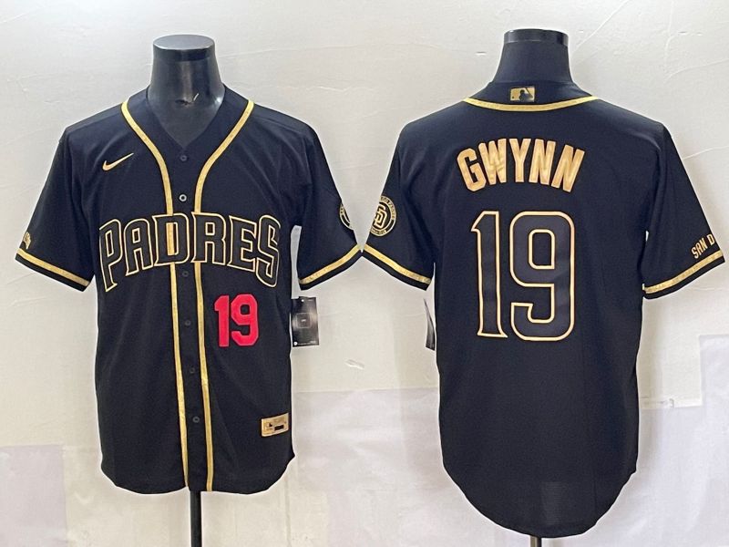 Men 2025 San Diego Padres #19 Gwynn Black Gold Throwback Nike MLB Jersey style 03
